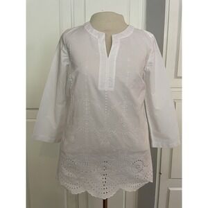 TALBOTS Blouse‎ White Scallop Accents 3/4 Sleeve Washable Size XS Eyelet Details